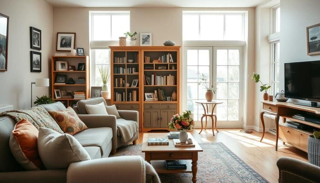 A warm and inviting personalized living space filled with family photos and cherished heirlooms. In the foreground, a cozy sofa adorned with colorful cushions and a soft throw sits near a wooden coffee table displaying framed pictures and small decorative items. The middle of the room features a light oak bookshelf filled with books and trinkets, alongside a vintage side table with a delicate vase of fresh flowers. In the background, large windows allow bright, natural light to flood the space, highlighting soft sunlight streaming into the airy room. The walls are painted in muted tones, with art pieces and family photos creating a sense of home. The atmosphere is warm and uplifting, emphasizing personal touches that reflect authenticity.