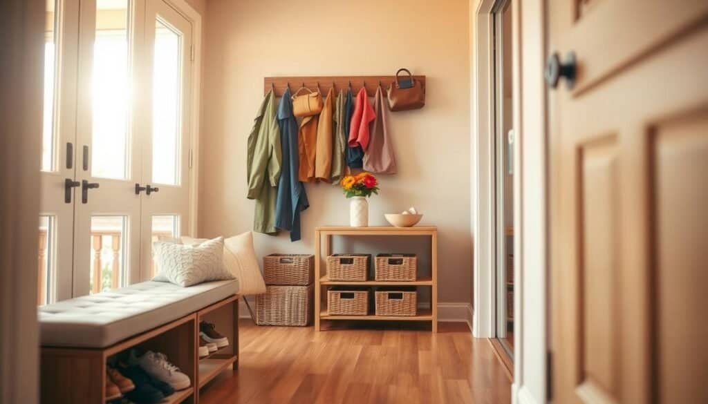 A warm, inviting entryway scene, showcasing practical organization for a busy household. In the foreground, a stylish shoe rack neatly holds a variety of shoes, accompanied by a small bench with plush cushions for seating. A wall-mounted coat rack, adorned with colorful jackets and bags, adds a pop of color, while a small console table displays a vase of fresh flowers and a bowl for keys. In the middle, a well-organized space is highlighted with baskets and bins, creating a clutter-free environment. The background features a bright, airy entrance with large windows allowing soft, natural light to cascade in, illuminating the wooden flooring. The overall mood is cozy and welcoming, evoking a sense of home. The image is captured at eye level with a shallow depth of field for focus and warmth.