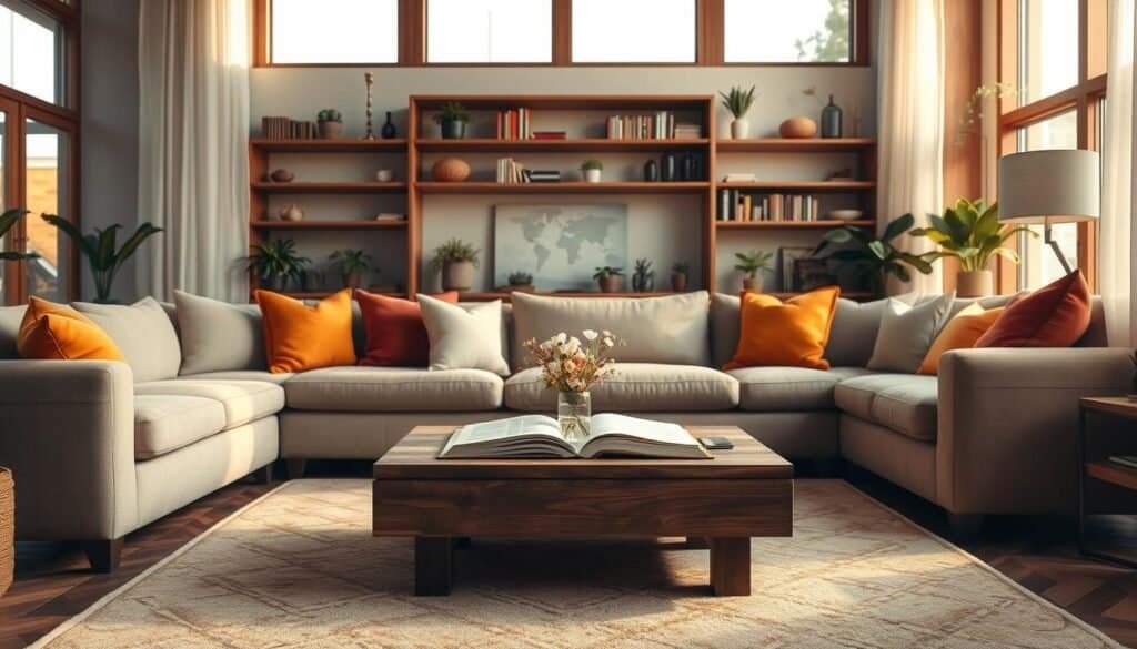 A warm, inviting living room designed as a central hub for social connection. The foreground features a plush, neutral-colored sectional sofa adorned with vibrant throw pillows in shades of rust and mustard, inviting comfort. A rustic coffee table made of reclaimed wood sits at the center, displaying a couple of open books and a delicate vase of fresh flowers. In the middle, a cozy area rug with subtle patterns anchors the space, while soft golden light filters through large, airy windows lined with sheer curtains, creating a bright atmosphere. The background reveals tasteful wooden shelves filled with curated books and plants, enhancing the warm ambiance. This scene captures a serene, welcoming mood, perfect for fostering togetherness and relaxation.
