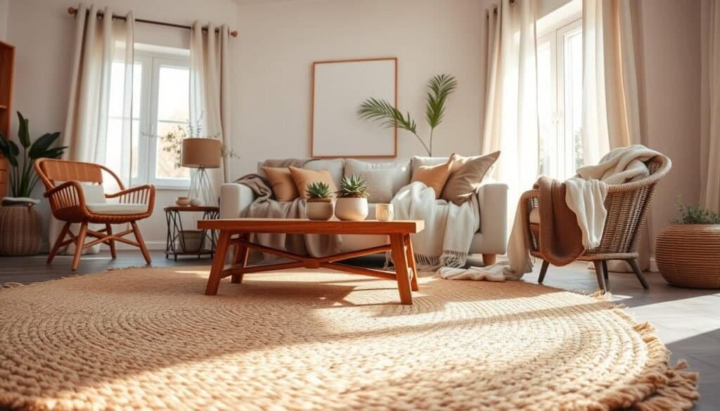 A warm, inviting living space featuring natural fibers in the interior design. In the foreground, a plush, handwoven jute rug gracefully complements a wooden coffee table adorned with a few potted succulents. The middle ground showcases a cozy sofa draped with soft, organic cotton throws and accent pillows in earthy tones. On one side, a wicker chair evokes a relaxed atmosphere. The background reveals large, sunlit windows adorned with linen curtains, casting soft, diffused light throughout the room. The scene captures an essence of tranquility and acoustic harmony, emphasizing the tactile quality of natural materials. Bright natural light enhances the textures of the fibers, creating a serene and airy ambiance, making it the perfect depiction of a space transformed by natural design elements.