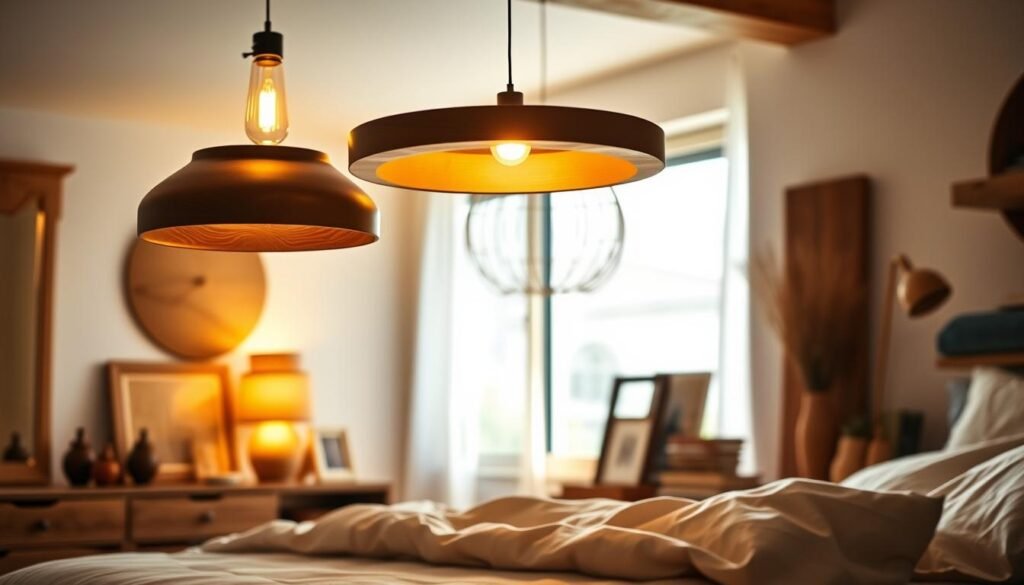 A warmly lit bedroom scene featuring a variety of natural wood lighting fixtures. In the foreground, a sleek, handcrafted wooden pendant light hangs gracefully above a cozy bed adorned with soft linens. The middle ground showcases a bedside table with an artisan wooden lamp, radiating a soft, golden glow that enhances the ambient atmosphere. Natural wooden accents, such as picture frames and decorative elements, complement the lighting fixtures. The background reveals a large window letting in bright, airy sunlight, creating a serene and inviting environment. The focus is on textures and colors of the wood, emphasizing a rustic yet refined aesthetic, imbued with a sense of tranquility and warmth. The overall mood is peaceful and welcoming, inviting relaxation and coziness.