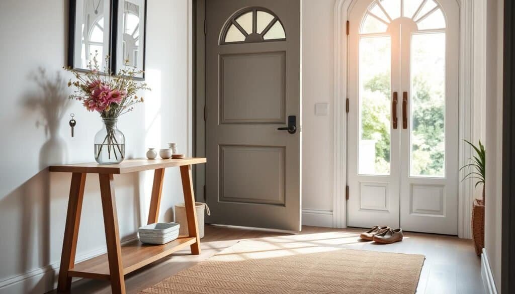 A welcoming entryway design that exudes warmth and hospitality. In the foreground, a modern wooden console table adorned with a stylish vase of fresh flowers and a set of classic keys rests against a light-colored wall. In the middle, a cozy area rug adds texture, while a pair of inviting shoes is neatly arranged beside the door. Natural light streams through a large window, casting soft shadows and highlighting the ornate door frame. In the background, a glimpse of lush greenery outside enhances the welcoming ambiance. The overall atmosphere is bright and airy, evoking a sense of comfort and first impressions that feel instantly inviting. The scene should be captured with a wide-angle lens to emphasize depth, showcasing the harmonious blend of design elements in a serene home environment.