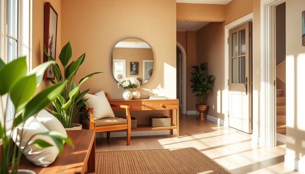 A welcoming entryway in a natural style home interior, featuring a beautiful wooden bench with soft, inviting cushions. The foreground includes potted plants that add a touch of greenery, and a textured woven rug enhancing the warmth. In the middle ground, a sleek console table displays a few tasteful decorative items, such as a small vase and a mirror reflecting the softly diffused sunlight coming through a nearby window, creating an airy atmosphere. The walls are painted in soft earth tones, complemented by subtle artwork. In the background, an open door reveals glimpses of a well-designed living space. The scene is bathed in bright natural light, giving a sense of calm and functionality, captured with a warm tone and wide-angle lens to emphasize spaciousness.