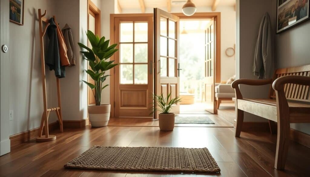 A welcoming entryway opens to a relaxed living room, featuring warm wooden accents such as a polished hardwood floor and a rustic wooden bench. In the foreground, a woven welcome mat lies next to a decorative potted plant, enhancing the inviting atmosphere. The middle ground showcases an open door with glass panels, allowing soft sunlight to stream in, illuminating the space. On the left, a stylish coat rack holds a few hanging jackets, adding to the homely feel. The background reveals a glimpse of the living room with plush seating, accentuated by natural wood furniture and soft textiles. The entire scene is bathed in bright natural light, creating an airy and welcoming mood, captured from a slightly low-angle perspective to emphasize the expansive feel of the space.