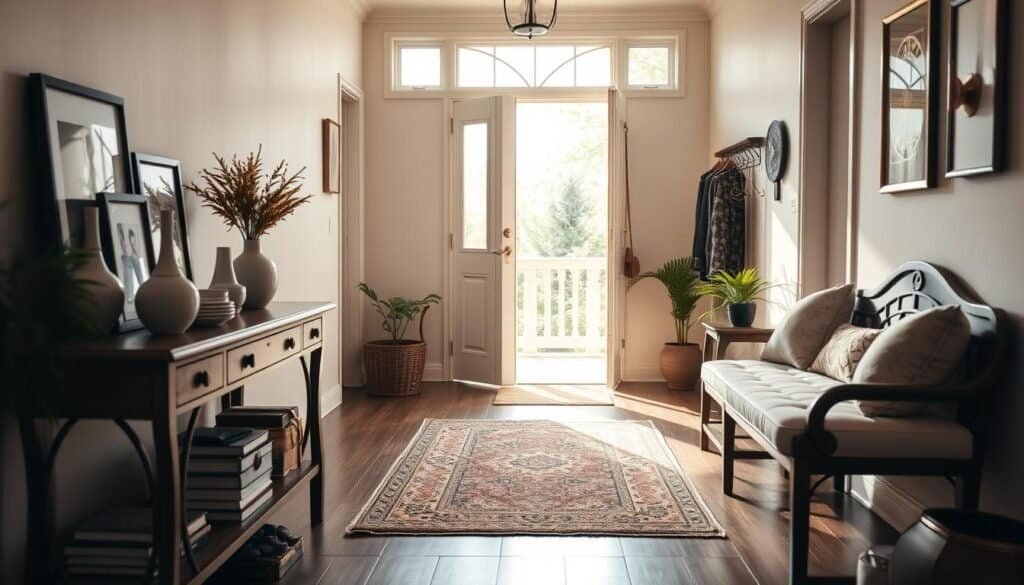 A welcoming entryway that conveys warmth and personality, showcasing a beautifully decorated space. In the foreground, a stylish console table with decorative vases and framed family photos, alongside a comfortable bench with soft cushions. The middle ground features an inviting area rug, leading to an open door allowing soft, diffused natural light to flood in. In the background, a tastefully organized coat rack and potted plants add a touch of greenery. The scene should have an airy, well-lit atmosphere, with gentle beams of sunlight creating a serene ambiance. The perspective should be slightly angled, capturing depth and inviting viewers to imagine themselves in the space. The color palette should be warm and inviting, emphasizing a sense of comfort and style.