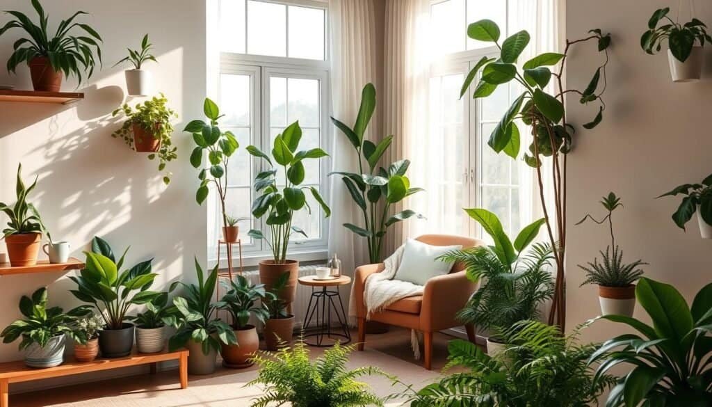 A well-lit indoor corner featuring a creative plant display that breathes life into a flat, boring room. In the foreground, include a variety of potted plants such as snake plants, pothos, and ferns arranged on attractive, modern wooden shelves. The middle ground showcases a cozy reading nook with a stylish armchair, soft throw blankets, and a small side table holding a steaming cup of tea. In the background, large windows allow bright, natural light to pour in, creating a warm, inviting atmosphere. The plants are lush and green, enhancing the airy feel of the space. Utilize soft sunlight filtering through sheer curtains to cast gentle shadows, creating a tranquil mood that showcases the beauty of indoor gardening.