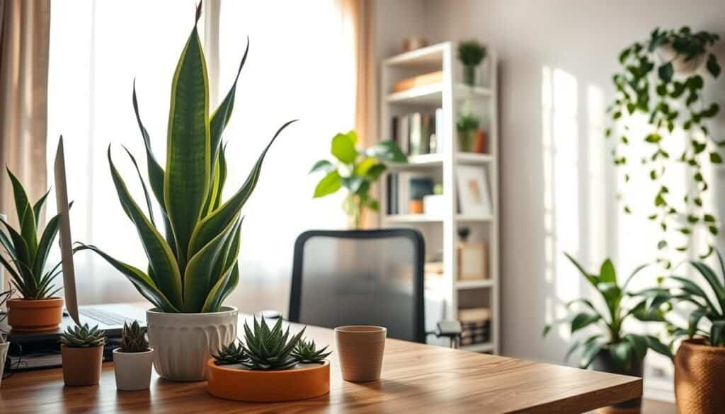 A well-organized home office scene featuring a variety of indoor plants strategically placed to enhance productivity. In the foreground, a wooden desk with a few small potted succulents and a tall snake plant reaching towards the ceiling. In the middle, a comfortable office chair placed next to a large window, with light filtering through sheer curtains, casting soft, warm shadows. The background includes a bookshelf filled with books and decorative items, along with a cheerful pothos plant trailing down the side. The atmosphere is bright and airy, with natural light illuminating the space, evoking a sense of tranquility and focus. The lens captures a slightly elevated angle to showcase the entire setup, encouraging a mood of creativity and inspiration.