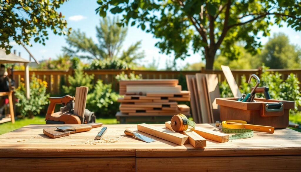 A well-organized outdoor woodworking workspace, featuring essential tools and materials. In the foreground, a sturdy wooden workbench is adorned with various woodworking tools: a hand saw, chisels, a measuring tape, and a set of wooden boards in different sizes. In the middle, loosely stacked wood planks and a toolbox provide an inviting and functional atmosphere, while scattered wood shavings hint at recent activity. The background showcases a sunlit garden, with lush greenery and a clear blue sky, creating a warm and inviting scene. Soft sunlight filters through the leaves, casting gentle shadows, enhancing the overall ambiance. The image captures a serene yet productive mood, ideal for illustrating the essence of essential woodworking tools and materials in an outdoor setting.