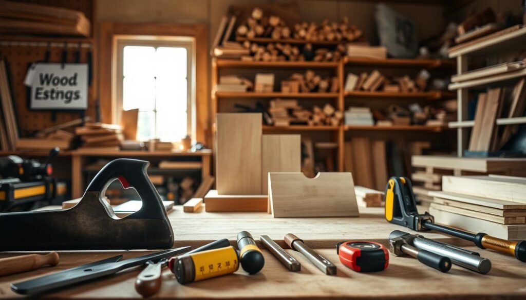 A well-organized woodworking workspace featuring essential tools for beginner woodworkers. In the foreground, a wooden workbench displays a variety of tools: a handsaw, chisels, a tape measure, and clamps, all neatly arranged. The middle ground includes a partially assembled wooden project, showcasing different types of wood. Overhead, soft natural light streams through a window, illuminating the tools and adding warmth to the scene. The background features shelves filled with wood scraps and DIY materials, creating a cozy and inviting atmosphere. The lens captures the scene from a slightly elevated angle, emphasizing depth and detail while maintaining a bright, airy feel. The overall mood is encouraging and inspiring, perfect for those venturing into the world of woodworking.