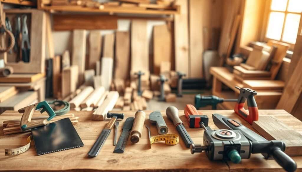 A well-organized woodworking workspace featuring essential tools for beginner woodworkers. In the foreground, a sturdy wooden workbench showcases a variety of tools, including a hand saw, chisels, a tape measure, and clamps, arranged neatly. The middle ground reveals a collection of wood pieces in different sizes and shapes, emphasizing the craft's versatility. In the background, warm sunlight filters through a window, illuminating the soft grains of the wood and casting gentle shadows. The atmosphere is inviting and inspirational, encouraging creativity. The scene is captured with a slight overhead angle to highlight the workspace's depth, utilizing natural lighting to enhance the textures and colors of the tools and wood.