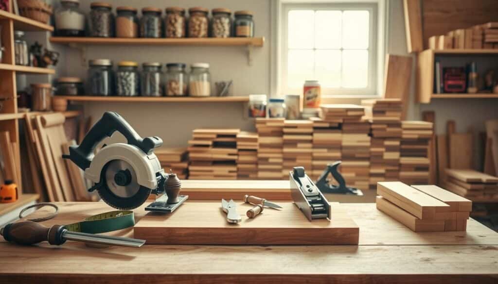 A well-organized workshop scene showcasing essential tools for DIY wood projects. In the foreground, place a sturdy wooden workbench topped with common tools: a circular saw, tape measure, chisels, and a wood plane. In the middle ground, display a freshly cut piece of wood and a collection of various wooden planks stacked neatly. The background features shelves lined with jars of screws, nails, and wood finishes, with a soft, airy ambiance. Illuminate the scene with bright natural light streaming in from a window, casting gentle shadows that highlight the textures of the wood and tools. Aim for a warm and inviting atmosphere, emphasizing a sense of creativity and craftsmanship in a cozy, homey environment.