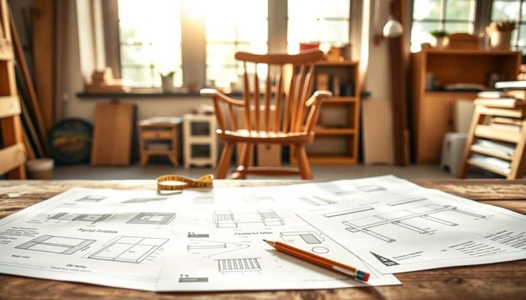 A well-structured flat lay of DIY furniture plans, featuring detailed blueprints of functional furniture projects such as a minimalist coffee table and a sturdy bookshelf. The foreground showcases the plans spread out on a rustic wooden table, with a pencil and measuring tape beside them. In the middle ground, a beautifully crafted wooden chair is partially visible, emphasizing the craftsmanship. The background highlights a cozy workshop setting with bright natural light streaming in through large windows, illuminating the workspace with soft sunlight. The atmosphere is warm and inviting, perfect for inspiring creativity in woodworking. The composition captures an essence of practicality and personal touch, showcasing the beauty of DIY projects.