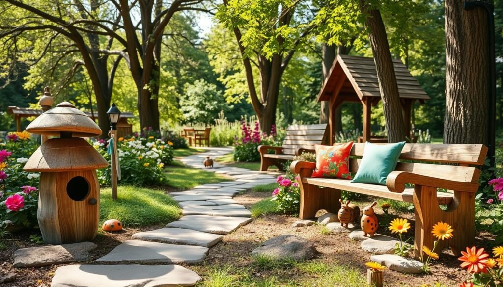 A whimsical garden scene featuring charming wooden features designed for family enjoyment. In the foreground, a quirky wooden birdhouse shaped like a mushroom stands next to a rustic wooden bench adorned with colorful cushions. The middle ground showcases a gently winding path of natural stones bordered by vibrant, blooming flowers and small whimsical wooden sculptures, such as ladybugs and butterflies. In the background, tall trees provide dappled shade, with soft sunlight filtering through the leaves, creating an inviting atmosphere. The overall mood is cheerful and playful, evoking a sense of joy and creativity. The image captures this idyllic setting with a warm, bright light and a slightly elevated angle, emphasizing the harmony of nature and handcrafted wood elements.
