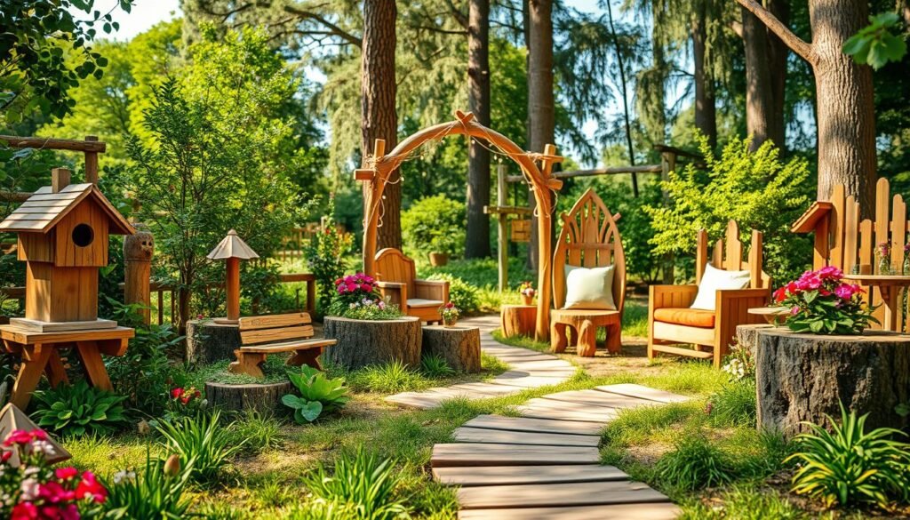 A whimsical garden scene featuring various playful wooden elements, such as a charming birdhouse with intricate carvings, a rustic wooden bench adorned with colorful cushions, and tree stumps transformed into unique seating arrangements. In the foreground, a winding wooden path leads through lush greenery and vibrant flowers, inviting exploration. The middle ground showcases an artisan-crafted wooden arch draped with delicate string lights, adding a touch of magic to the space. In the background, tall trees filter warm, soft sunlight, casting gentle shadows on the ground. The atmosphere is light-hearted and enchanting, evoking a sense of wonder and tranquility, ideal for outdoor living. The image should be captured with a wide-angle lens to emphasize the depth of the scene, under a bright, airy natural light that enhances the textures of the wood.