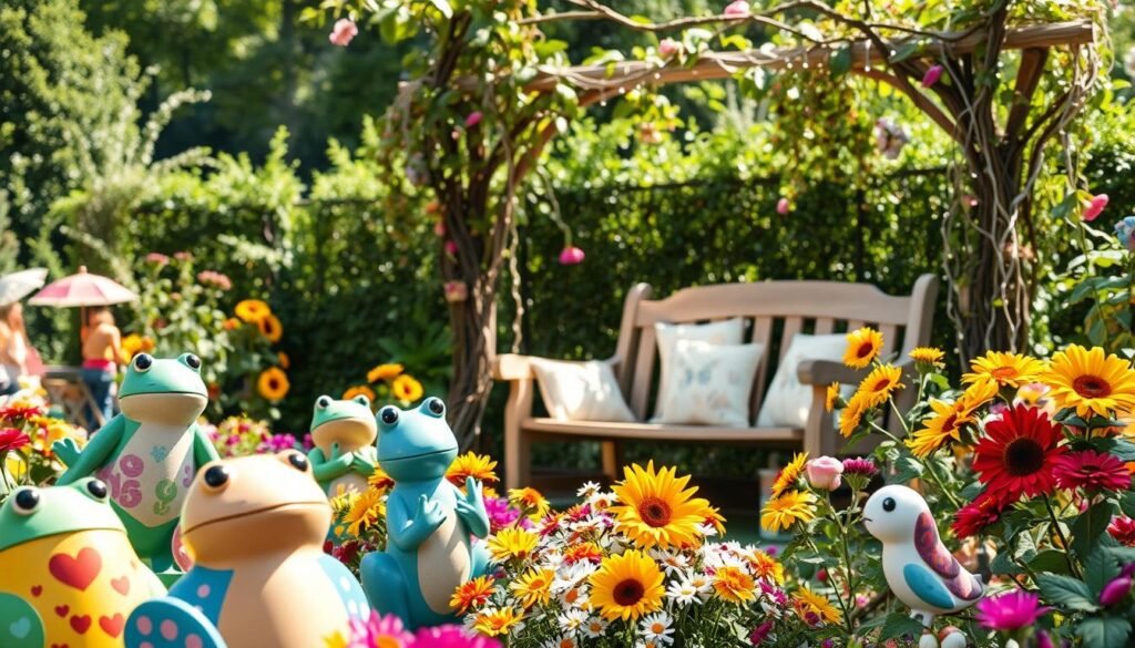 A whimsical garden scene filled with playful elements that spark joy. In the foreground, a colorful collection of oversized, hand-painted garden ornaments, like cheerful frogs and butterflies, surrounded by vibrant flower beds overflowing with blooming daisies and sunflowers. In the middle ground, a charming wooden garden bench draped with soft, pastel cushions invites relaxation, while twinkling fairy lights are strung between trees, casting a warm glow. The background features lush greenery and a trellis adorned with climbing vines and flowers. The scene is bathed in soft, natural sunlight, creating an inviting atmosphere. Capture this from a slightly elevated angle to emphasize depth and perspective, highlighting the playful, cozy feel of the space. Ensure the mood is serene and enchanting, perfect for a relaxing outdoor retreat.