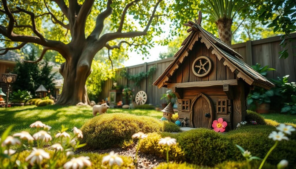 A whimsical wooden fairy house nestled among vibrant greenery in a family-friendly backyard. The house features intricate carvings and playful colors, with a thatched roof made from natural materials. In the foreground, delicate flowers and soft moss surround the base of the house, inviting children and families to explore. The middle ground showcases gnarled trees and playful garden decorations, creating an enchanting atmosphere. In the background, dappled sunlight filters through leaves, casting soft shadows on the ground, enhancing the dreamy feel. Captured from a low angle to emphasize the charm of the fairy house, the scene is bathed in bright, natural light, evoking a sense of warmth and whimsy, perfect for a relaxed outdoor setting.