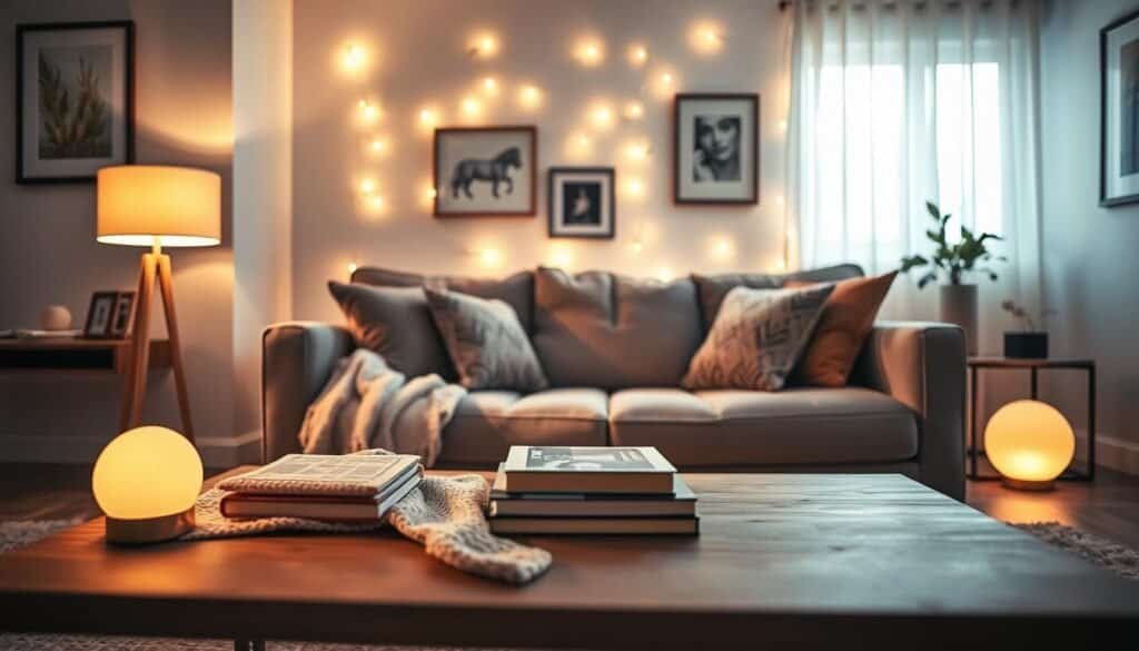 Aesthetic living room lighting featuring a cozy, welcoming atmosphere. In the foreground, a stylish coffee table with a soft throw blanket and a few decorative books is illuminated by warm, dimmable LED floor lamps. The middle layer showcases a comfortable sofa with plush cushions, bathed in the gentle glow of strategically placed fairy lights along the window. Soft sunlight streams through sheer curtains in the background, enhancing the airy feel of the room. The walls are painted in calming pastel tones, with tasteful artwork that complements the scene. The lighting creates soft shadows, evoking a warm and inviting mood, perfect for transformation without major redecorating. The angle captures the room beautifully, emphasizing depth and inviting viewers to imagine themselves in this serene space.