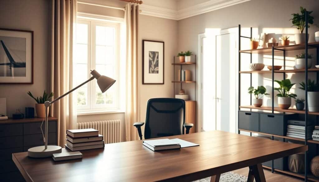 An elegant home office decor scene with a sleek wooden desk positioned at the forefront, adorned with a minimalist desk lamp and a stack of neatly arranged books. The middle ground features a comfortable ergonomic chair facing a softly glowing window that invites bright natural light, illuminating the space with a warm ambiance. On the walls, tasteful art pieces and sound-absorbing panels enhance the aesthetics while contributing to a serene environment. In the background, shelves with indoor plants and elegant organizational tools add a touch of vibrancy. The atmosphere is calm and productive, suggestive of a space designed for focus and creativity, captured in soft sunlight with a wide-angle lens to emphasize the airy layout.