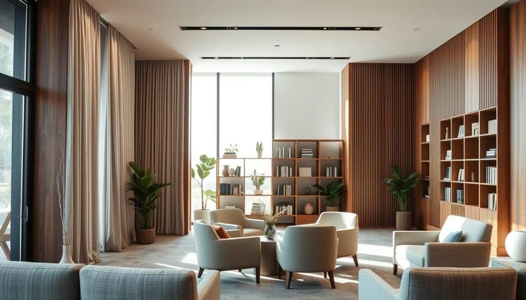 An interior space showcasing various acoustic design elements that create a serene environment. In the foreground, feature elegant wooden acoustic panels with cascading sound-absorbing fabric drapes, complemented by stylish, upholstered chairs in soft, neutral colors. In the middle ground, include a softly lit modern bookshelf with sound-absorbing bookshelves and decorative plants, fostering a calm atmosphere. The background should depict a large window streaming bright, natural light, illuminating the room with soft sunlight and highlighting the airy, open layout. Use a wide-angle lens to capture the spaciousness while maintaining an intimate feel. The overall mood should be tranquil and inviting, perfect for a thoughtful and well-designed space.