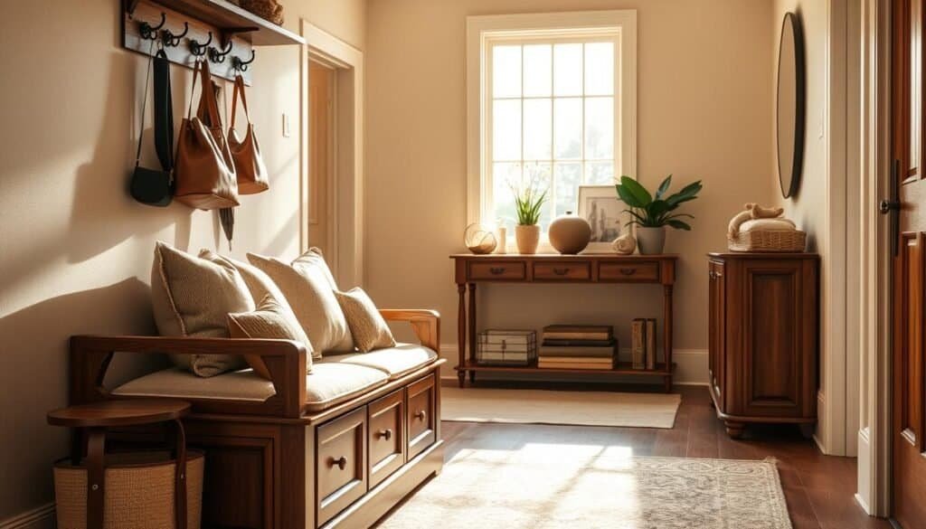 An inviting entryway featuring practical and stylish storage solutions. In the foreground, a beautifully crafted wooden bench with hidden storage underneath, adorned with plush, neutral-colored cushions. On one side, a set of wall-mounted hooks holds stylish bags and umbrellas. In the middle, a narrow console table displays a tasteful arrangement of decorative items, while a potted plant adds a touch of greenery. The background showcases a light, airy space with warm, natural light streaming in through a large window, highlighting the rich textures of wood and fabric. Soft sunlight casts gentle shadows, creating a cozy atmosphere that feels both functional and elegant.