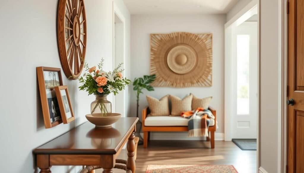 An inviting entryway showcasing personalized decor that tells a story. In the foreground, a beautifully crafted wooden console table adorned with a decorative vase filled with fresh flowers, framed family photos, and a stylish bowl for keys. The middle ground features a cozy, cushioned bench with a colorful throw blanket draped over it, adding warmth. In the background, a large window allows soft, natural sunlight to filter in, illuminating the space and highlighting textured wall art that reflects the homeowner’s personality. The entire scene is airy and well-lit, evoking a sense of warmth and comfort, perfect for welcoming guests. The angle captures the depth of the entryway, creating a welcoming and homely atmosphere.