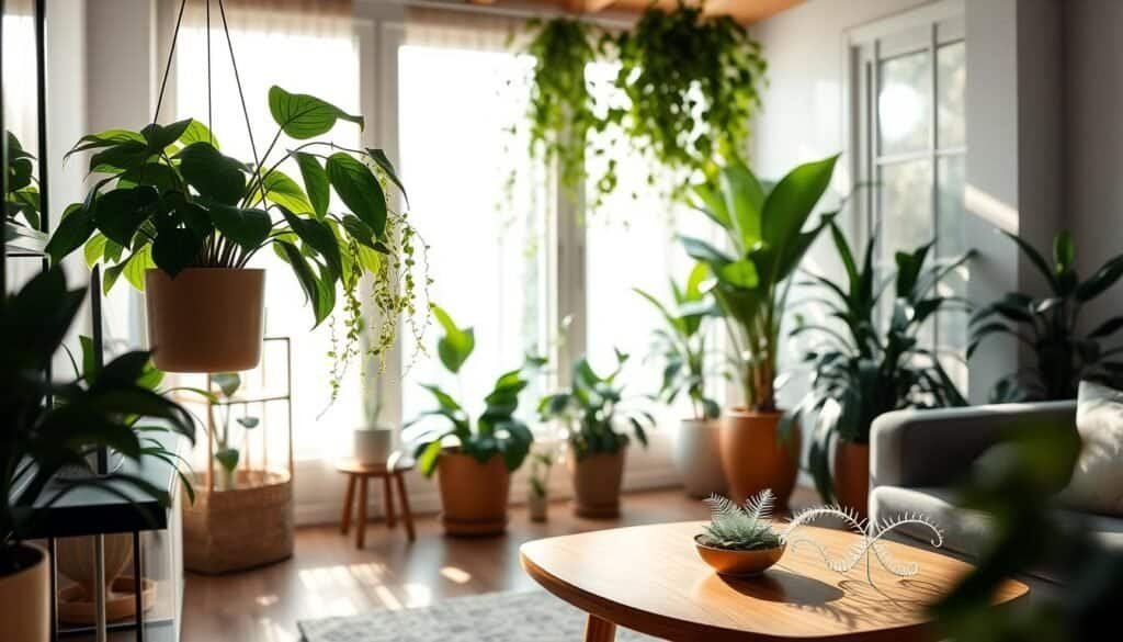 An inviting indoor scene featuring a variety of lush, green plants in elegant pots, harmoniously arranged to create a serene atmosphere. In the foreground, a large potted Monstera and a cascading Pothos hang gracefully from a modern shelf. The middle ground showcases a stylish wooden table adorned with a small succulent garden and a delicate fern. In the background, soft sunlight streams in through large windows, illuminating the space with a warm, natural glow. The room's decor is minimalistic, with light-colored walls and wooden accents, enhancing the peaceful ambiance. The overall mood is tranquil and refreshing, capturing the essence of a plant-filled sanctuary perfect for rejuvenating any living area.