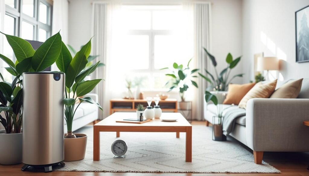 An inviting, modern living room focused on indoor air quality solutions. In the foreground, a stylish air purifier with a sleek design and an air quality indicator light, placed next to vibrant potted plants like peace lilies and snake plants. In the middle ground, a wooden coffee table adorned with a hygrometer and a few essential oil diffusers. The background showcases large windows allowing bright, soft sunlight to flood the room, highlighting clean, airy decor. Light-colored walls and tasteful wood accents create a warm, welcoming atmosphere. The composition is framed to emphasize the harmony between technology and nature, capturing a sense of tranquility and freshness.