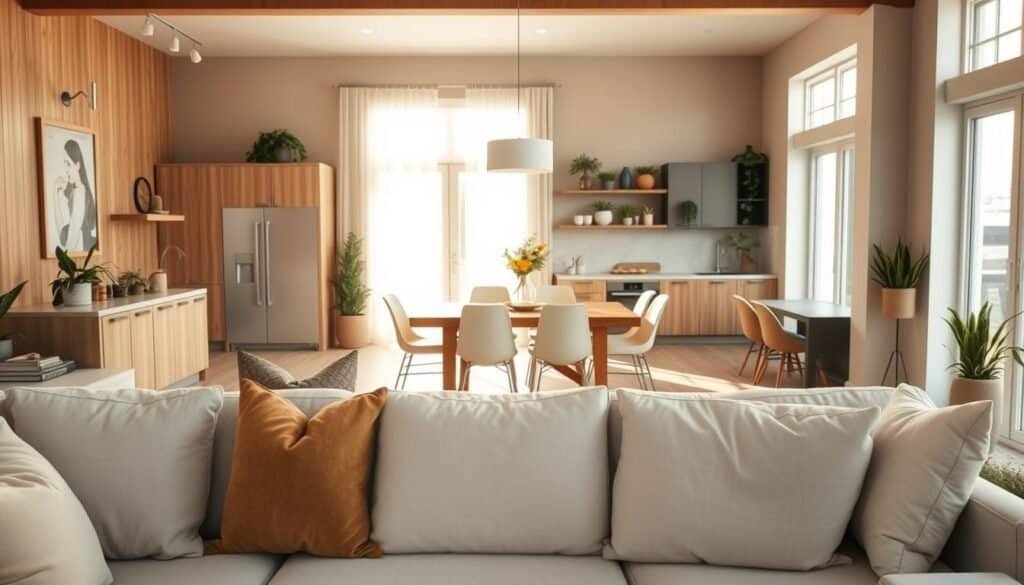 An inviting open-concept living space that exudes warmth and connection. The foreground features a stylish, comfortable sofa with decorative cushions in soft, neutral tones. In the middle, a spacious dining area with a modern wooden table, surrounded by elegant chairs, invites family gathering. The background showcases a well-lit kitchen with sleek cabinetry and functional shelves, adorned with indoor plants. Bright, natural light streams through large windows, casting soft sunlight across the room. The atmosphere feels airy and harmonious, with a color scheme of warm earth tones and subtle accents of pastel shades. The scene is captured from a slightly elevated angle, emphasizing the flow and openness of the space. No people are present, focusing solely on the beautifully designed environment.