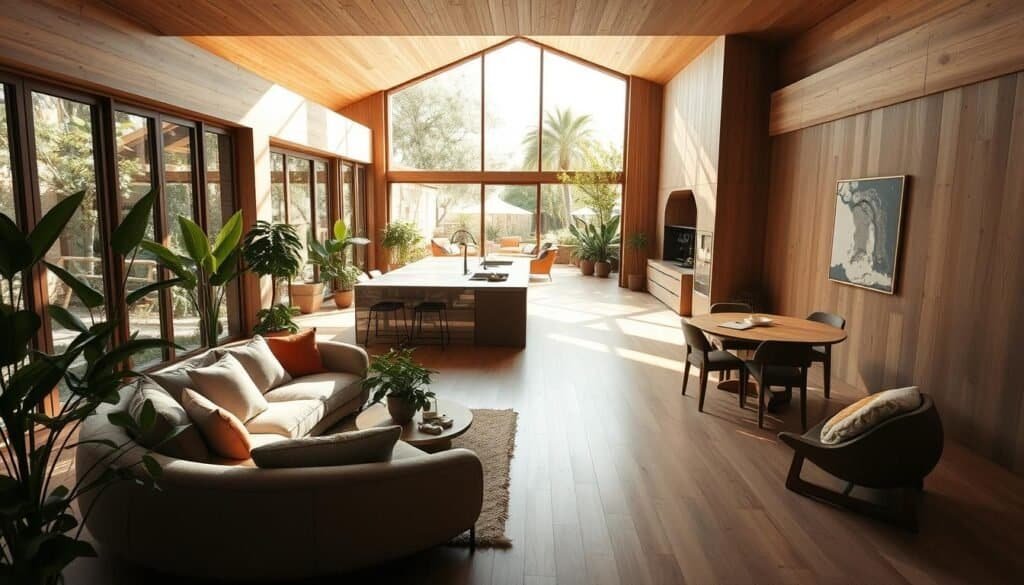 An organic floor plan showcasing a spacious, flowing interior design that harmonizes with nature. The foreground features a cozy living room with curved wooden furniture, soft textiles, and houseplants for a touch of greenery. In the middle, an open kitchen area seamlessly connects to the living space, with light streaming in through large windows, highlighting natural wood and stone materials. The background reveals a gentle transition to an outdoor patio surrounded by lush foliage and soft natural stone pathways. The atmosphere is warm and inviting, drenched in bright natural light, creating a sense of tranquility and balance. Use a wide-angle lens to capture the full expanse of the space.