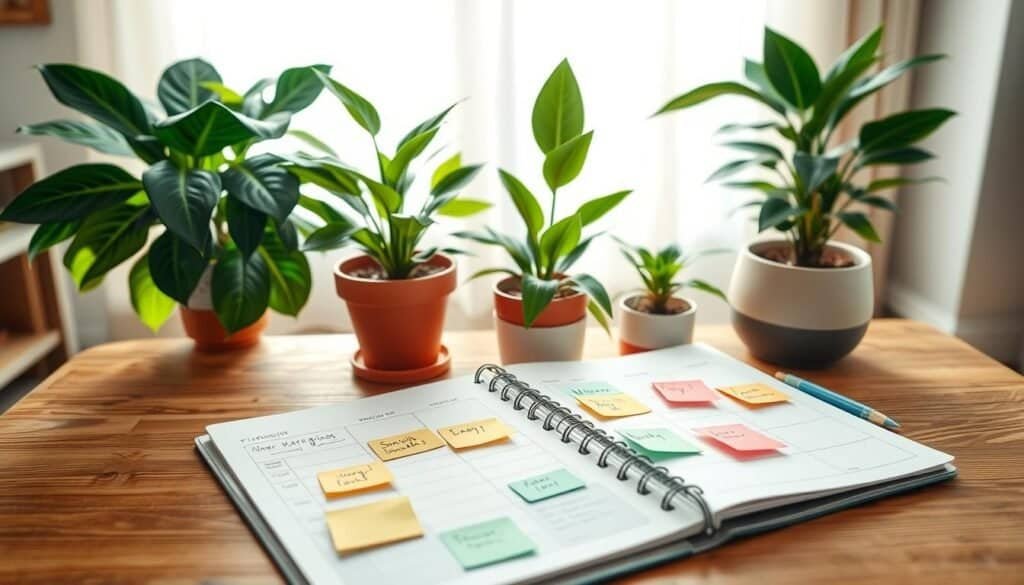 An organized indoor plant care schedule displayed on a wooden table in a bright, airy living room. In the foreground, a beautifully arranged planner with colorful sticky notes marking watering days, sunlight needs, and fertilization reminders. The middle ground features potted plants of various sizes, including a leafy monstera and flowering peace lily, with terracotta and ceramic pots, showcasing healthy greenery. The background reveals a sunlit window with sheer curtains, filtering soft sunlight, creating a warm and inviting atmosphere. The scene is captured with a slight overhead angle, highlighting the details in the planner and the vibrant plant life. Overall, the mood is calm and nurturing, emphasizing a harmonious balance between nature and home decor.