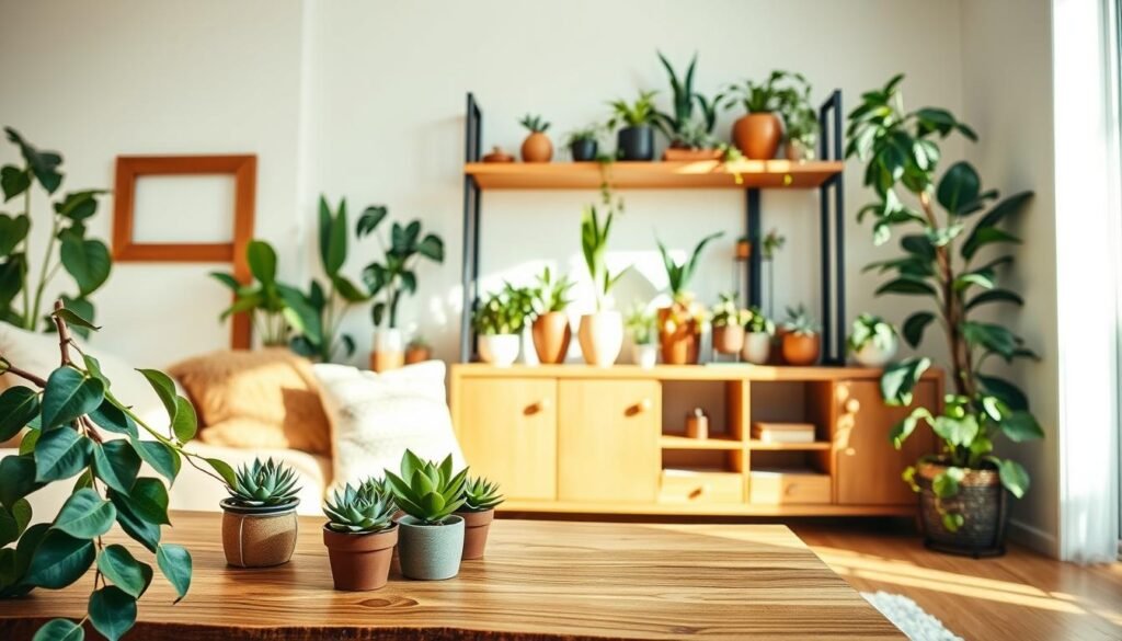 Bright and airy living space featuring the natural harmony of wood and plants in home decor. In the foreground, a beautiful wooden coffee table adorned with small potted succulents and a large, leafy plant spilling over the side. The middle section showcases a stylish wooden shelf filled with various green plants in elegant ceramic pots, complemented by warm wood accents. The background reveals a sunlit window, allowing soft sunlight to filter in, casting gentle shadows and enhancing the natural colors of the greenery. The overall atmosphere is serene and inviting, with earthy tones and textures that evoke a sense of balance and tranquility. Capture this scene with a warm color palette and a slight overhead angle to emphasize depth and warmth in the space.
