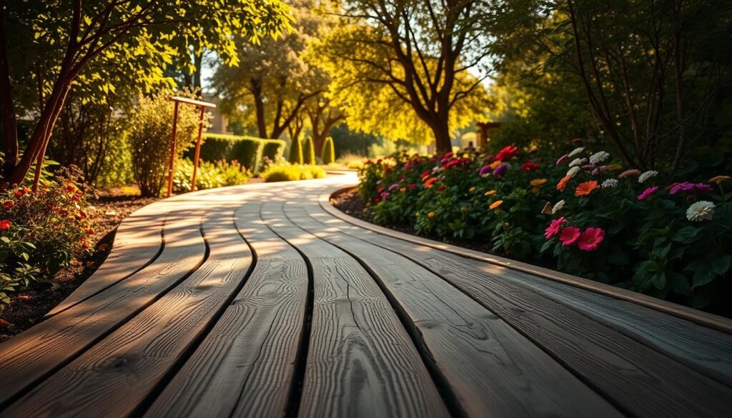 Charming wooden pathways winding through a lush garden, invitingly leading the viewer into a serene outdoor space. The foreground features finely crafted, weathered wooden planks with intricate grain patterns, softly illuminated by warm, golden sunlight filtering through the leaves above. In the middle ground, vibrant flowers in varied colors bloom alongside the path, enhancing the inviting atmosphere. The background showcases a sun-dappled grove of trees, with gentle shadows creating a peaceful retreat. The overall mood is tranquil and welcoming, encapsulating the essence of a cozy outdoor oasis. Capture this scene using a wide-angle lens to emphasize depth and perspective, with a focus on the warm, natural lighting that bathes the entire setting. There are no people in the image, allowing the beauty of the wooden pathways to take center stage.
