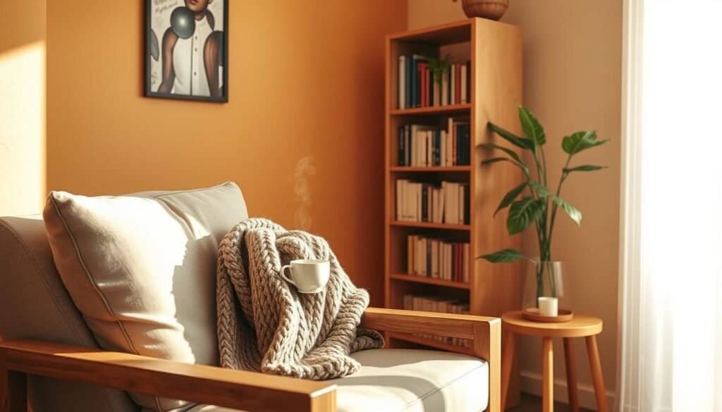 Cozy small living room corner featuring a comfortable armchair with soft cushions, a small wooden side table adorned with a steaming cup of tea, and a plush woolen throw draped over the armrest. In the background, set against a warm, light-colored wall, a tall bookshelf filled with well-organized books and potted plants adds a touch of greenery. The setting is bathed in bright natural light filtering through a nearby window, creating a serene and inviting atmosphere. Soft sunlight enhances the warm tones of the wooden furniture and textiles. Capture the scene from a slightly elevated angle, emphasizing the nook's intimate feel, while the overall mood exudes tranquility and comfort, perfect for enjoying a quiet moment.