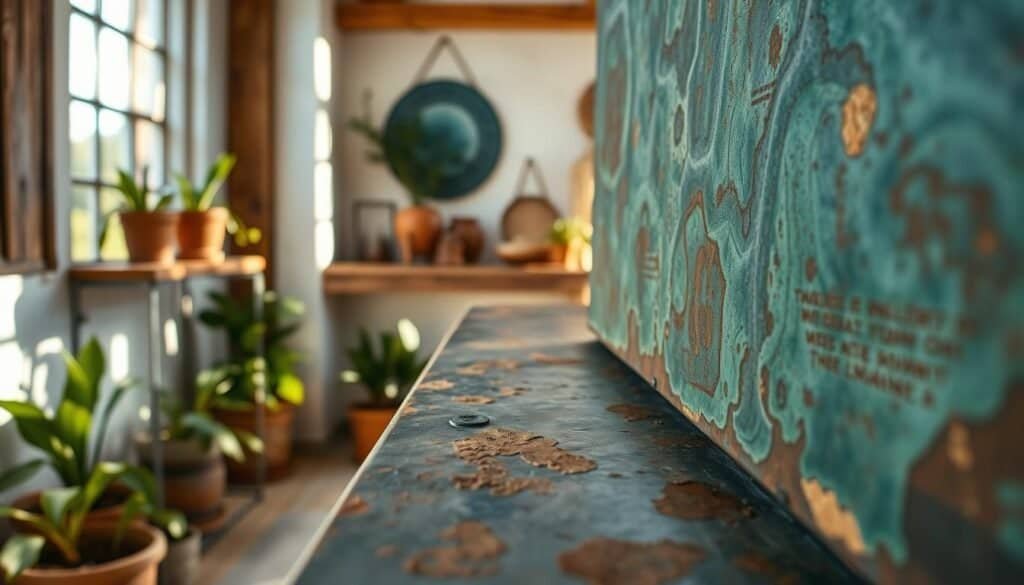 Evolving metal patina displayed on a beautifully crafted steel surface, showcasing various shades of blue, green, and rust, with delicate textures that reveal layers of history. In the foreground, focus on intricate details of the patina, highlighting its organic patterns. The middle ground features a softly lit, rustic wooden shelf where the metal piece is elegantly placed, surrounded by natural elements like potted plants and artisanal ceramics. The background includes a warm, airy room with natural light filtering through a large window, casting gentle shadows that enhance the atmosphere. The mood is serene and inviting, evoking a sense of timeless beauty and connection to nature. Use a wide-angle lens to capture the entirety of the scene with a soft focus on the edges.