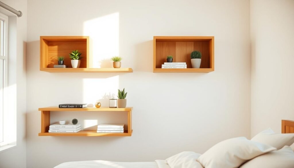 Floating wooden shelves are elegantly arranged on a light, neutral-toned wall in a cozy bedroom setting. Each shelf displays a curated selection of minimalist decor, including potted plants, small books, and decorative objects, showcasing practical beauty without clutter. The shelves have a warm, natural wood finish that contrasts softly against the softly textured wall. Bright, diffused natural light streams in from a nearby window, casting gentle shadows and highlighting the craftsmanship of the shelves. The angle captures both the shelves in the foreground and hints of a serene, well-made bed in the background, creating a tranquil and inviting atmosphere perfect for relaxation. The overall mood is warm and airy, emphasizing a sense of comfort and harmony in the space.