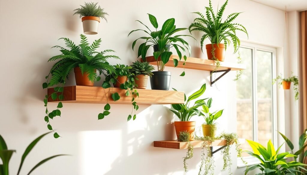 Floating wooden shelves elegantly display a variety of lush, green plants, creating a serene and airy atmosphere. The shelves, made from warm, polished wood, are attached to a light-colored wall, enhancing the bright and inviting feel of the scene. In the foreground, vibrant potted plants like ferns, pothos, and succulents are artistically arranged, casting soft shadows that highlight their textures. The middle ground features the floating shelves, meticulously crafted with sleek lines and a minimalist design, while in the background, a sunlit window filters soft sunlight into the room, adding to the tranquil ambiance. The overall mood is peaceful and inspiring, perfect for showcasing a harmonious blend of nature and home décor. The image has a warm color palette with natural light, emphasizing the elegant interplay between wood and greenery.