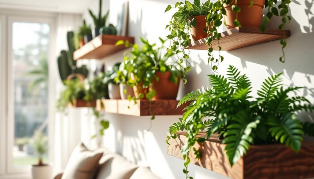 Floating wooden shelves elegantly display a variety of lush houseplants, featuring cacti, hanging ivy, and vibrant ferns. The shelves, crafted from rich, textured wood, blend seamlessly into a modern and minimalist interior. In the foreground, a close-up view reveals the intricate grain of the wood, while the middle ground showcases the vibrant greenery, emphasizing a harmonious balance of nature and design. The background features a softly blurred living space bathed in bright, natural light, with soft sunlight streaming through large windows, casting gentle shadows that enhance the depth of the scene. The overall mood is serene and inviting, creating a warm atmosphere that conveys the beauty of plant styling with simple wood elements.