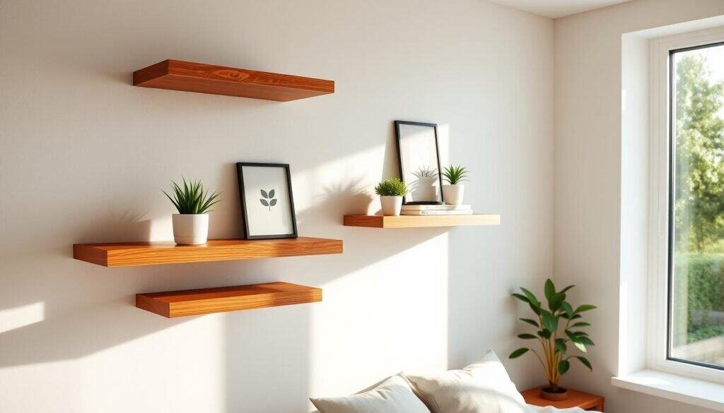 Floating wooden shelves elegantly mounted on a light-colored wall in a small, cozy bedroom. The shelves are crafted from rich, warm-toned wood, showcasing concealed brackets for a clean, minimalist look. Each shelf is adorned with small potted plants, decorative books, and minimalist art pieces that emphasize vertical space without creating clutter. The scene is bathed in bright, natural light streaming through a nearby window, creating soft highlights and gentle shadows that enhance the wood grain texture. The angle showcases the depth and height of the shelves, conveying a sense of openness and balance in the room. The atmosphere is serene and inviting, ideal for a small space solution.