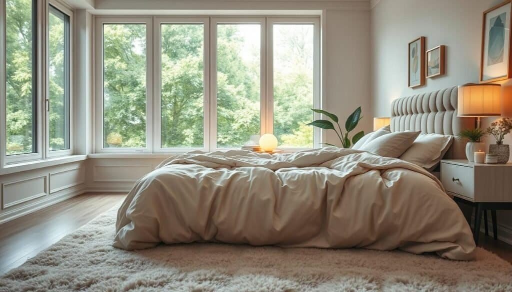Imagine a serene sleep sanctuary with a cozy king-sized bed draped in soft, neutral-toned linens and a tufted headboard. In the foreground, a plush area rug cushions the floor, inviting a sense of warmth. The middle space features a bedside table adorned with a calming essential oil diffuser and a gentle glowing lamp, casting a soft, warm light. Surrounding the bed, large windows frame a view of lush greenery outside, allowing bright, natural sunlight to filter in, creating an airy feel. The background showcases softly painted walls in muted tones, complementing a few tasteful pieces of artwork and tranquil plants. The overall atmosphere is peaceful and inviting, encouraging relaxation and restfulness. The image captures this sanctuary from a slightly elevated angle, emphasizing the cozy yet spacious layout.