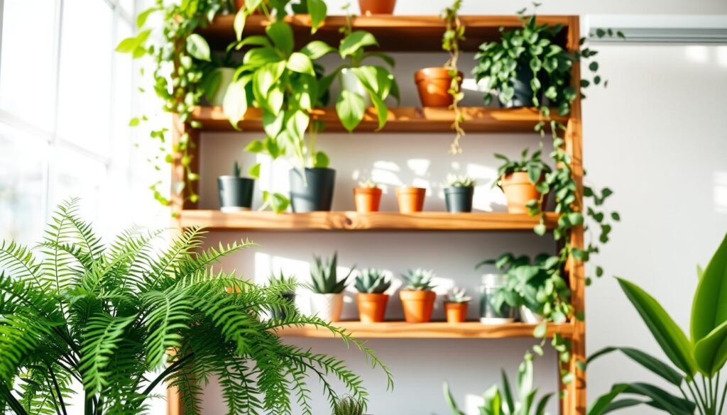 Indoor plant shelving ideas featuring a beautiful, modern wooden shelf adorned with a variety of lush indoor plants. In the foreground, vibrant green Boston ferns and snake plants elegantly cascade down the shelf, while small pots of colorful succulents add pops of color. The middle layer showcases a handcrafted wooden shelf made from reclaimed wood, introducing texture and warmth. In the background, soft sunlight filters through a large window, casting gentle shadows and giving a warm, inviting glow to the scene. The overall atmosphere is airy and refreshing, evoking a sense of tranquility and life, perfect for a cozy indoor space. Capture this scene with a shallow depth of field to emphasize the plants' details and textures while blurring the background slightly.