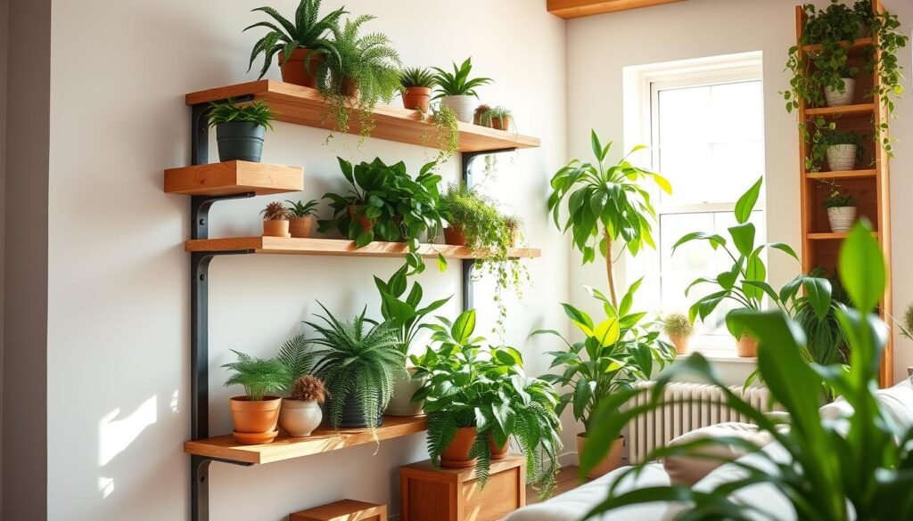 Indoor plant shelving ideas featuring wooden shelves adorned with various indoor plants, such as ferns, succulents, and pothos, artistically arranged in a cozy living room setting. In the foreground, a sturdy, natural wood shelf showcases an assortment of vibrant green plants in decorative pots. The middle ground highlights the interaction of wood and greenery, with soft sunlight filtering through nearby windows, casting gentle shadows. The background reveals a minimalist room with light-colored walls and warm wooden accents, enhancing the rustic-chic atmosphere. The overall mood is fresh and inviting, with bright, airy light promoting a sense of tranquility and purpose in the space. The image captures the beauty of combining wood elements with lush greenery, showcasing a harmonious indoor environment.