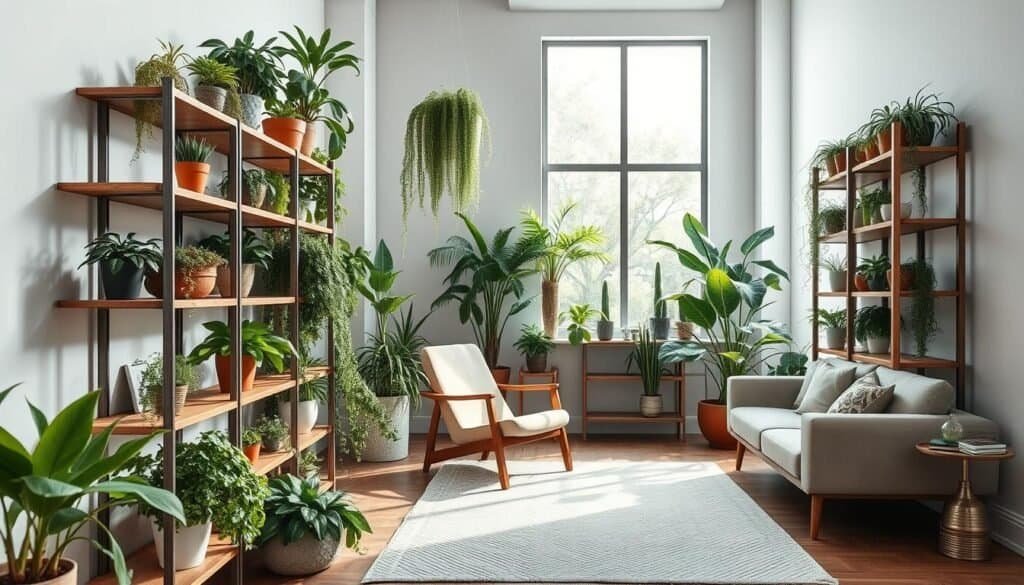 Indoor plant shelving ideas showcased in a stylish, modern living space. The foreground features elegant wooden shelving units filled with diverse indoor plants, including ferns, succulents, and cascading vines, each pot uniquely designed. In the middle ground, comfortable seating, like a minimalist armchair, complements the greenery, while a soft, textured rug adds warmth. The background shows a large window allowing bright, soft natural light to illuminate the scene, highlighting dust motes in the air for an airy feel. The atmosphere is serene and inviting, perfect for connecting spaces and people. Use a wide-angle lens to capture the entire setup, emphasizing the verticality of the shelves and the harmonious blend between plants and decor.
