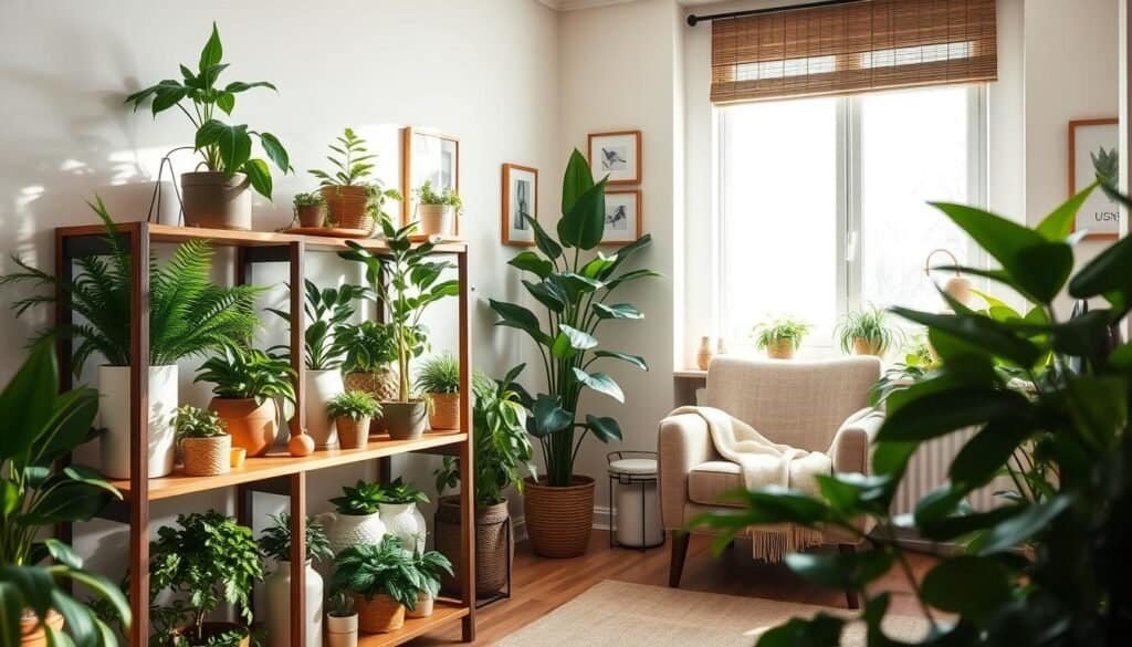 Indoor plant shelving ideas that showcase a cozy corner of a modern living room. In the foreground, a beautifully arranged wooden shelving unit filled with a variety of lush leafy plants, including ferns and succulents in elegant ceramic pots. The middle ground features a comfortable armchair nestled next to a tall window, allowing soft, natural sunlight to pour in. The background includes subtle decorations like framed art and a soft throw blanket draped over the chair, adding warmth to the scene. The mood is serene and grounded, emphasize inviting lush greenery, and a tranquil atmosphere. Capture the image from a slight angle to enhance depth, with bright, airy lighting that highlights the textures of the plants and wood.