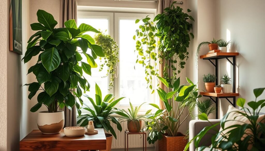 Indoor plants elegantly arranged in a cozy corner of a living room, showcasing a variety of lush greenery, including a tall fiddle leaf fig, cascading pothos, and small succulent arrangements on wooden shelves. The foreground features an artisanal wooden side table adorned with a ceramic plant pot and earthy decor accents. In the middle, light streams through a large window, casting soft, natural sunlight on the plants, creating a warm and inviting atmosphere. The background includes a subtly textured wall painted in soft, calming tones. The overall mood is serene and tranquil, designed to evoke a sense of calmness and well-being. The image is captured from a slightly elevated angle, emphasizing the inviting and airy feel of the space.
