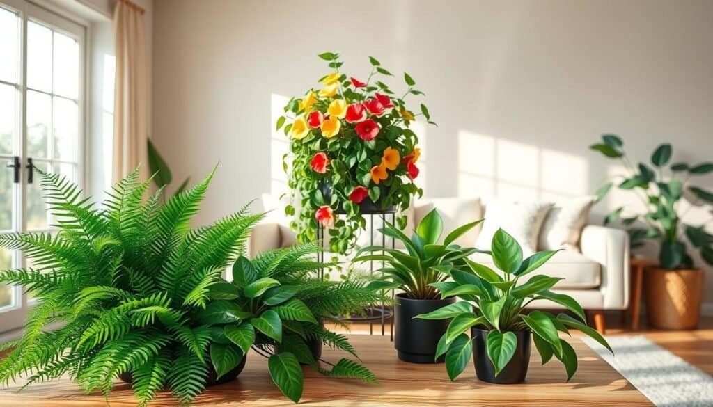 Indoor plants styled in a cozy, well-lit living room with large windows allowing soft, natural sunlight to pour in. In the foreground, a variety of vibrant green plants, such as ferns and snake plants, arranged on a wooden coffee table with natural textures. In the middle, a stylish plant stand displays cascading pothos and brightly colored flowers, adding warmth and life. The background features a softly textured wall with subtle earth tones, and a comfortable seating area adorned with light-colored cushions. The atmosphere feels airy and inviting, evoking a sense of tranquility and brightness, perfectly suited to lift the mood of any room. Use a shallow depth of field to emphasize the plants, capturing the essence of a serene indoor oasis.