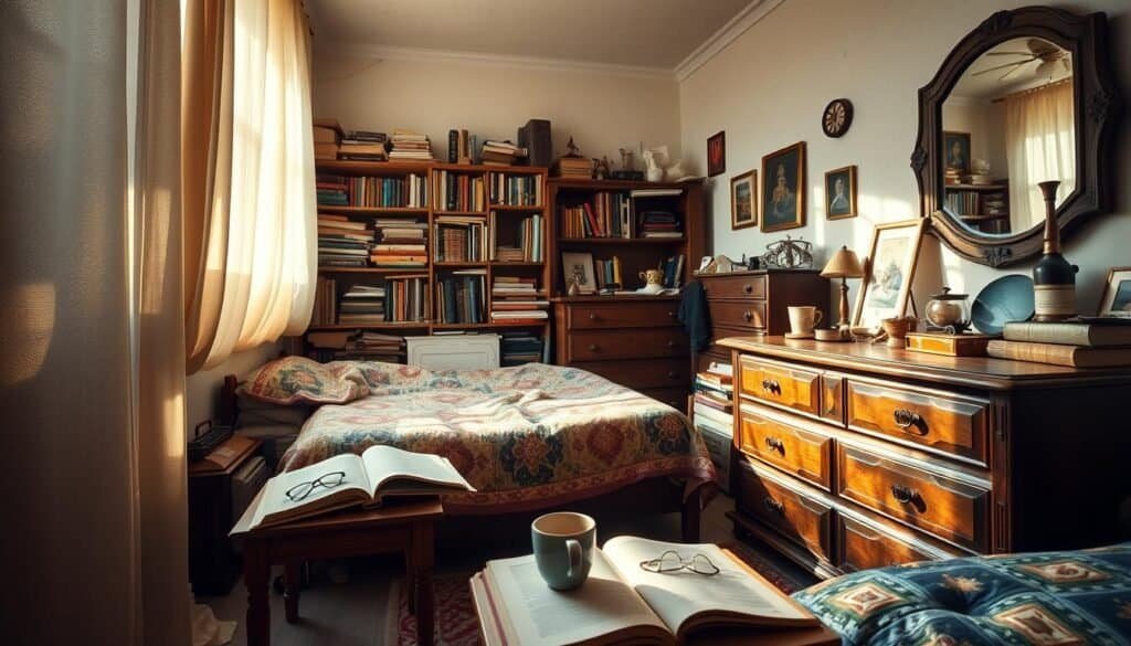 Inside a small, cluttered bedroom filled with mismatched furniture, a soft golden morning light streams through a sheer curtain, casting delicate shadows across the room. In the foreground, a small wooden bedside table is piled with an open book, glasses, and a forgotten cup. The middle area showcases a neatly made twin bed with a colorful quilt, surrounded by various bookshelves overloaded with novels and trinkets. The cluttered space features a rustic dresser adorned with decor items, while a wall-mounted mirror reflects the room's cozy disarray. The atmosphere feels warm and lived-in, evoking a sense of comfort that challenges conventional ideas of tidiness. The angle captures this intimate setting, emphasizing the room's character amidst its chaos.