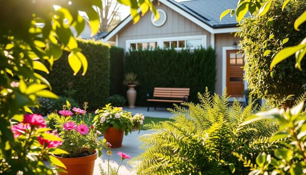 Lush green plants surround a charming, modern house in a tranquil outdoor space. In the foreground, vibrant potted flowers and leafy ferns create a natural frame, while a subtle wooden bench invites relaxation. In the middle ground, tall hedges and decorative planters provide an inviting sense of privacy without feeling closed in. The background features a contemporary home with large windows allowing soft natural light to pour in. The scene is bathed in warm, golden sunlight, casting gentle shadows that enhance the serene atmosphere. A wide-angle perspective captures the harmonious blend of nature and architecture, creating a calming, airy ambiance perfect for enjoying the outdoors in comfort.