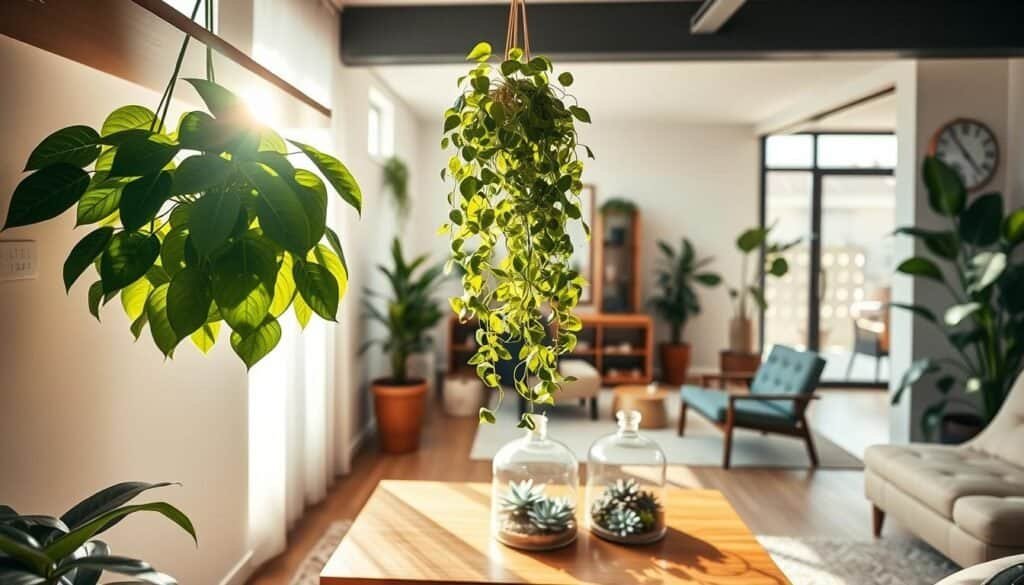Lush indoor plants elegantly arranged in a modern living space, showcasing a harmonious blend of greenery and stylish decor. In the foreground, a vibrant monstera and a cascading pothos hang from a sleek shelf, their leaves glistening in bright, soft sunlight. In the middle, a well-lit wooden coffee table features a terrarium and a few assorted succulents. The background reveals a cozy corner with a large window, allowing natural light to flood the room, illuminating a set of stylish, minimalistic furniture. The atmosphere is warm and inviting, suggesting tranquility and rejuvenation. The room’s color palette is earthy with touches of green, creating a soothing ambiance, captured with a wide-angle lens from a slightly elevated perspective to showcase the space beautifully.