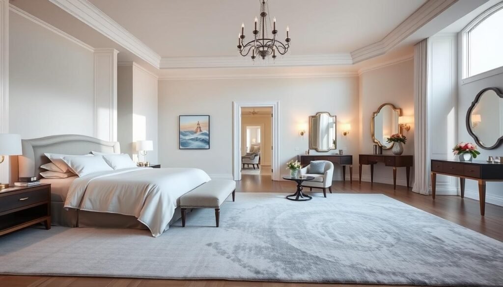 Luxurious master suite design featuring a spacious, airy layout with high ceilings and large windows letting in soft, natural sunlight. In the foreground, a plush king-sized bed with elegant linens, surrounded by tasteful decor including a stylish nightstand and a minimalist lamp. The middle ground showcases a cozy seating area with a modern armchair and a small coffee table, decorated with a fresh bouquet of flowers. A large, softly-lit rug anchors the space, adding warmth and texture. In the background, a tastefully arranged vanity and a serene color palette of soft blues and whites create a calming atmosphere. The soft lighting enhances the overall tranquility, inviting relaxation and comfort. The image captures a serene and refined ambiance perfect for unwinding.