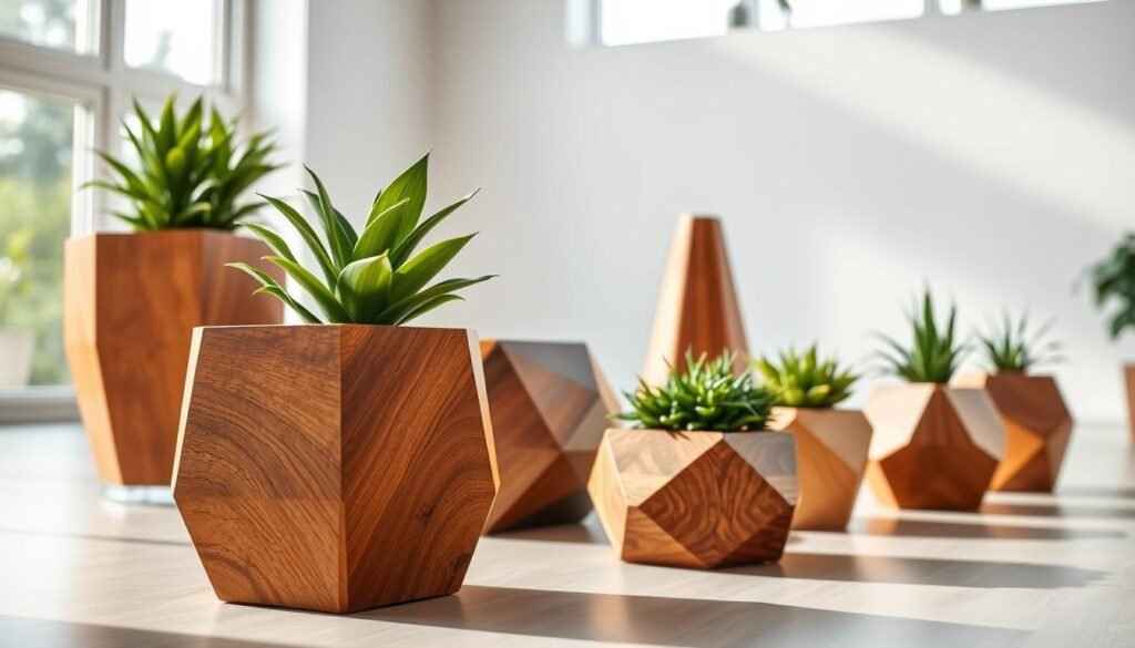 Modern geometric wooden planters of varying sizes and shapes displayed in a bright, airy interior setting. The foreground features a hexagonal planter crafted from rich, warm-toned wood, showcasing a lush green plant sprouting from it. In the middle ground, there are several angular planters, each with unique geometric designs, featuring a mix of smooth and textured wood finishes. The background features a softly illuminated room with natural light streaming in through large windows, highlighting the elegance of the planters. The atmosphere is calm and inviting, with a minimalist aesthetic, emphasizing the natural beauty of the wood. The composition should have a wide-angle perspective, showcasing the interplay of light and shadow on the surfaces.
